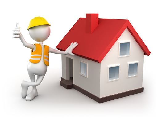 Man in yellow helmet and orange reflector vest leaning with one hand against the red roof of a model house